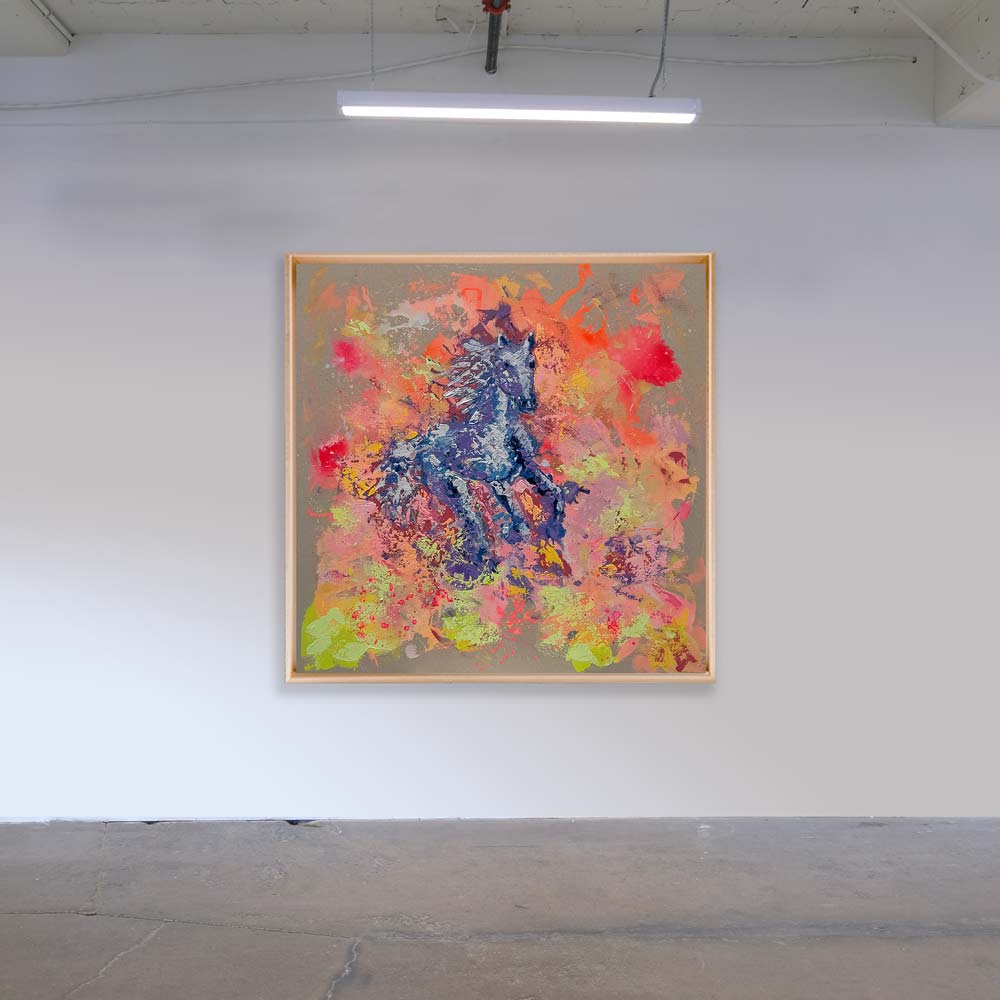 Handgemaltes abstraktes Pferdebild SPEED in Lila und Blau, 100 × 100 cm, modernes Gemälde mit dynamischer Farbkomposition