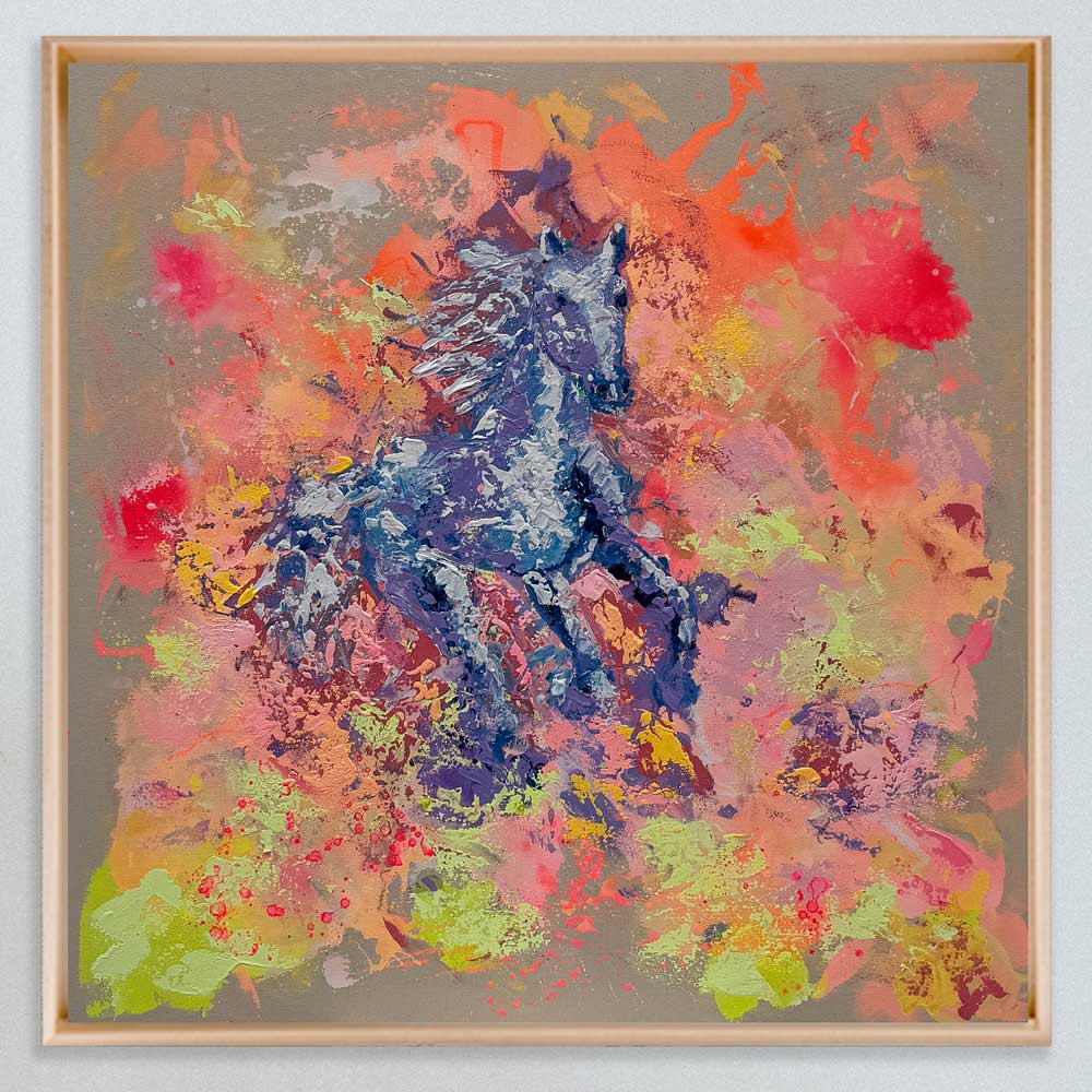 Handgemaltes abstraktes Pferdebild SPEED in Lila und Blau, 100 × 100 cm, modernes Gemälde mit dynamischer Farbkomposition