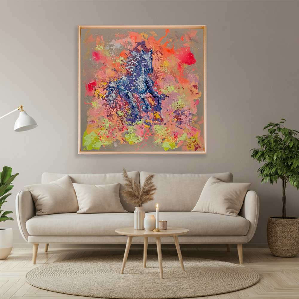 Handgemaltes abstraktes Pferdebild SPEED in Lila und Blau, 100 × 100 cm, modernes Gemälde mit dynamischer Farbkomposition